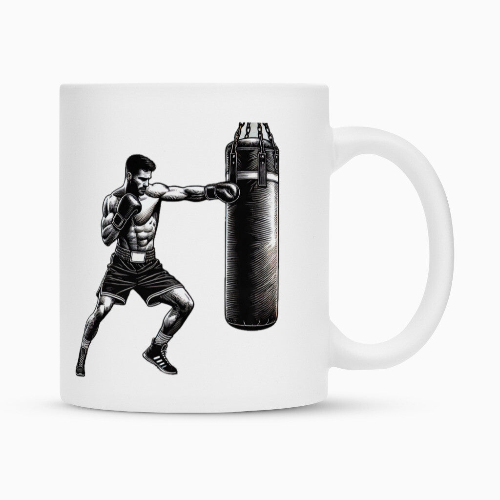 Die Tasse "Boxer" von MarketPrint ist eine weiße Keramiktasse mit schwarz-weißer Boxer-Illustration und strapazierfähiger Duraglaze-Beschichtung für brillante, langanhaltende Farben.