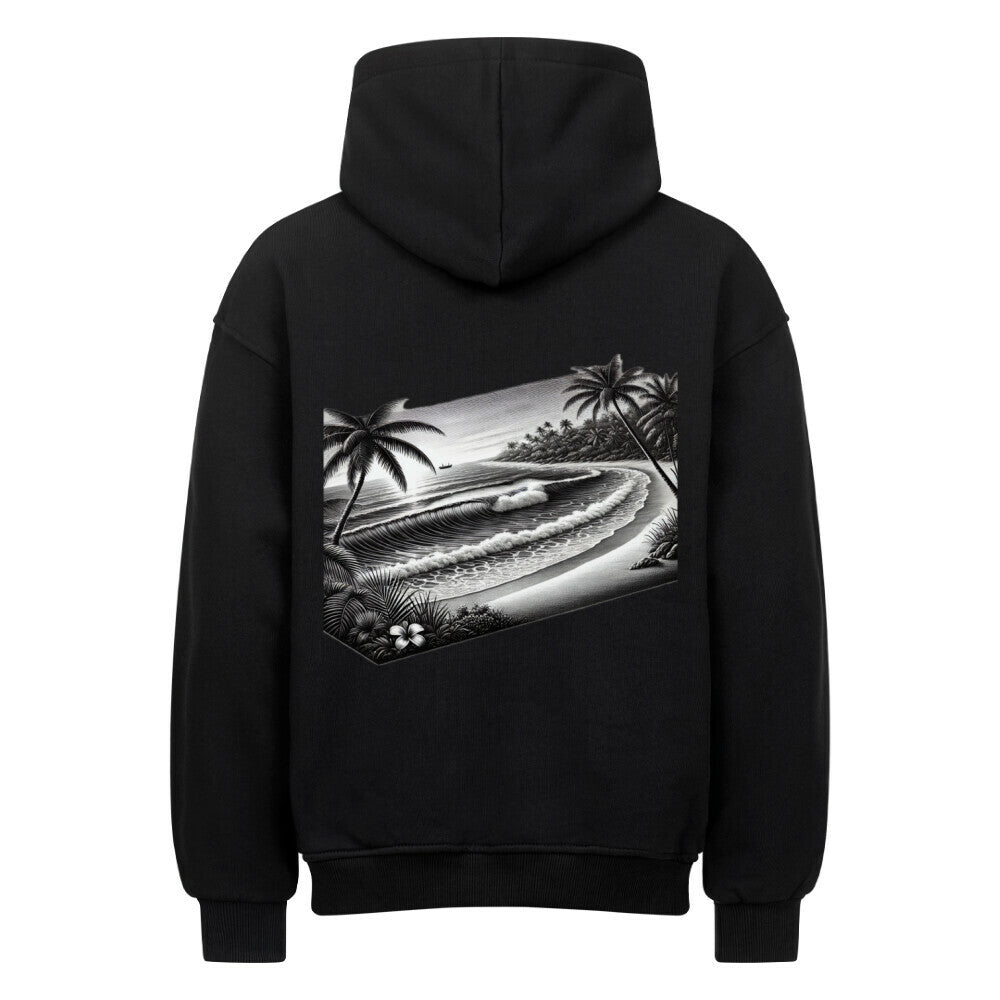 Der Infinity Merch Oversized Hoodie "Strand" ist ein hochwertiges schwarzes Sweatshirt mit einer schwarz-weißen Grafik einer tropischen Strandszene - Palmen, Wellen und Inseln - auf der Rückseite.