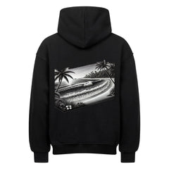 Der Infinity Merch Oversized Hoodie "Strand" ist ein hochwertiges schwarzes Sweatshirt mit einer schwarz-weißen Grafik einer tropischen Strandszene - Palmen, Wellen und Inseln - auf der Rückseite.
