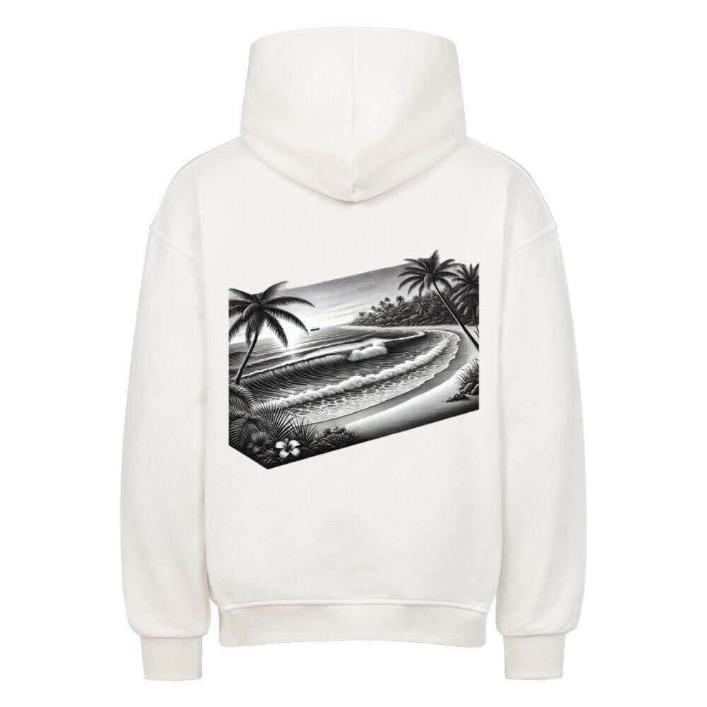 Der Infinity Merch Oversized Hoodie "Strand" kommt in Weiß und zeigt eine schwarz-weiße tropische Strandgrafik mit Palmen, Wellen und einer Sonne auf dem Rücken.