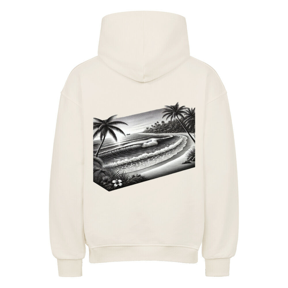 Der Oversized Hoodie "Strand" von Infinity Merch ist ein cremefarbener Premium-Kapuzenpullover mit einer schwarz-weißen Strandszenen-Grafik - Palmen, Wellen und untergehende Sonne - auf dem Rücken.