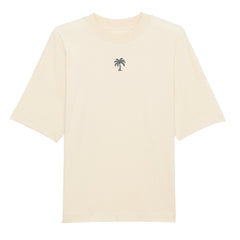 Das Premium Oversize Blast "Strand" T-Shirt von Infinity Merch ist ein lässiges Off-White Bio-Baumwollshirt mit kurzen Ärmeln und schlichter schwarzer Palmen-Grafik auf der Brust.