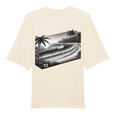 Das Infinity Merch Premium Oversize Blast "Strand" T-Shirt aus Bio-Baumwolle überzeugt mit einer schwarz-weißen Rückenillustration von Palmen, Wellen und Surfern für entspannte Beach-Vibes in lässiger Oversized-Passform.