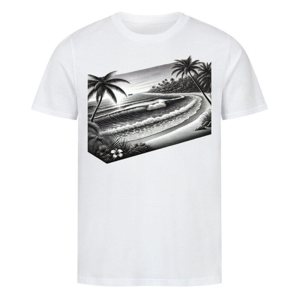 Das Infinity Merch Premium Shirt "Strand" ist ein weißes Unisex-T-Shirt mit einem schwarz-weißen tropischen Strand-Print - Palmen, Wellen und ein Surfer - auf der Brust. Es ist aus weichem Single-Jersey aus Bio-Baumwolle gefertigt und bietet dauerhaften Tragekomfort.