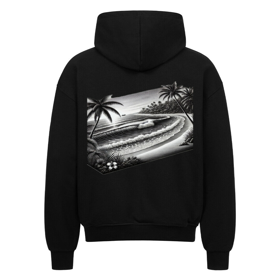 Der Infinity Merch Oversized Zipper Hoodie "Strand" in Schwarz zeigt auf der Rückseite eine monochrome Grafik von Meereswellen, Palmen und tropischen Pflanzen in einem Rechteck. Hergestellt aus 100% Baumwolle für Komfort und Haltbarkeit.