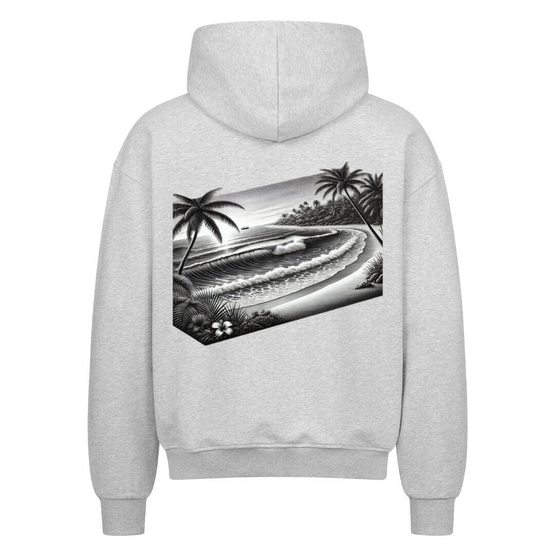 Der Infinity Merch Oversized Zipper Hoodie "Strand" hat ein graues Design, eine schwarz-weiße tropische Strandillustration auf dem Rücken und ist aus 100% Baumwolle gefertigt.