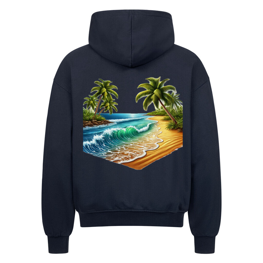 Der Oversized Zipper Hoodie "Strand" von Infinity Merch ist ein schwarzer, übergroßer Kapuzenpulli mit einer Rückenillustration eines tropischen Strandes - Palmen, Meereswellen und Sandstrand unter einem klaren Himmel.