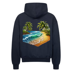 Der Oversized Zipper Hoodie "Strand" von Infinity Merch ist ein schwarzer, übergroßer Kapuzenpulli mit einer Rückenillustration eines tropischen Strandes - Palmen, Meereswellen und Sandstrand unter einem klaren Himmel.
