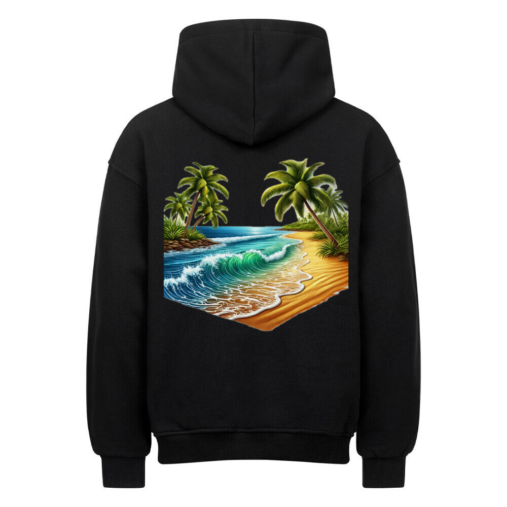 Der Oversized Hoodie "Strand" von Infinity Merch ist ein hochwertiger schwarzer Kapuzenpulli, der auf der Rückseite eine lebhafte tropische Strandszene mit Wellen, Palmen und Sandstrand zeigt.