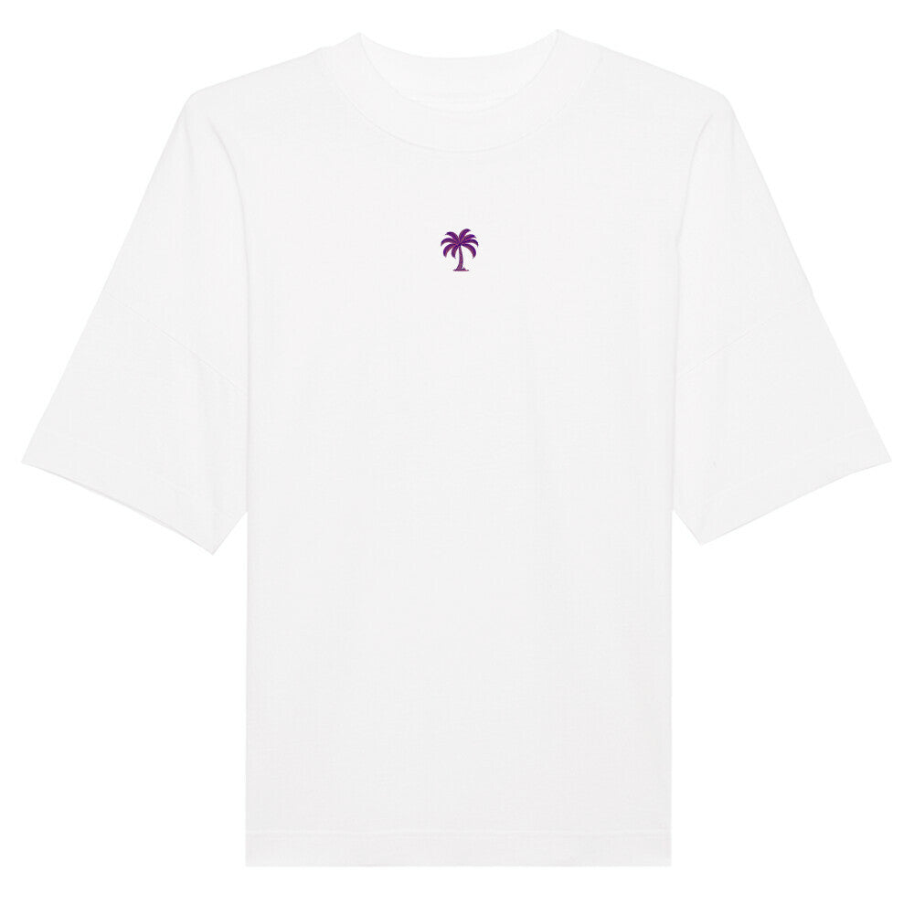 Das Premium Oversize Blast "strand" T-Shirt von Infinity Merch ist aus Bio-Baumwolle in Weiß gefertigt und mit einer kleinen lila Palmen-Grafik auf der Brust verziert.